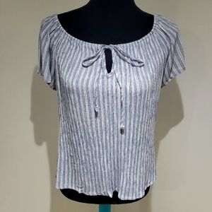 Ripe Women's Rayon Striped Ruffle Shoulder Blouse Blue White Boho Cottagecore